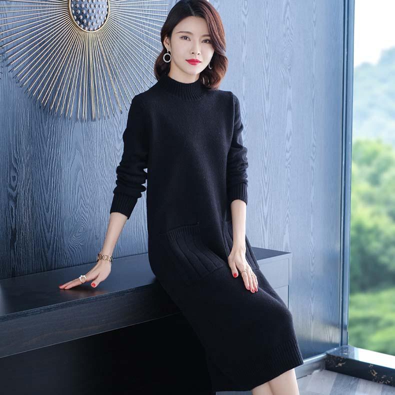 

Осенне-зимнее вязаное платье Платье макси Длинный рукав Женское платье-свитер Свободное Утолщенное Универсальное 2XL чёрный