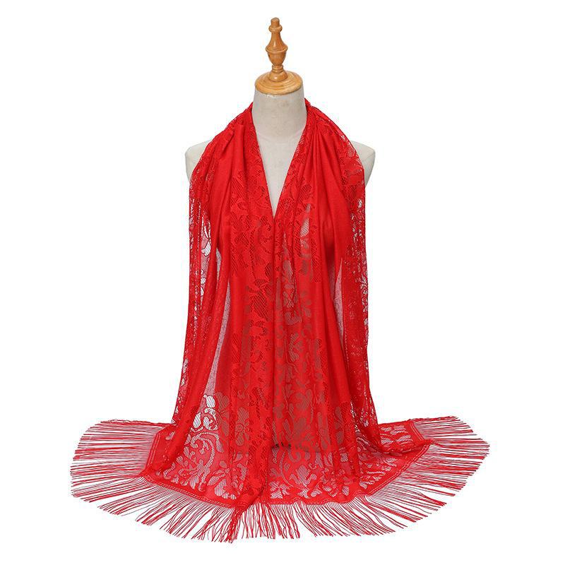 

Европейский и американский однотонный шелковый шарф-хиджаб с кисточками и кружевом - летняя шаль для женщин красный