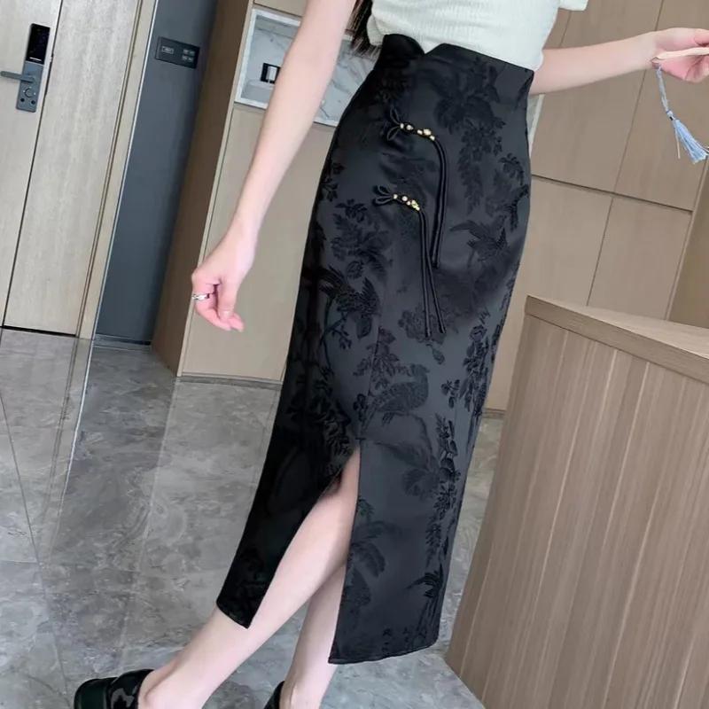 Chinese Style Skirts for Women Printed Casual Streetwear Elegant Female Spring Summer Chic Solid High Waist Simple