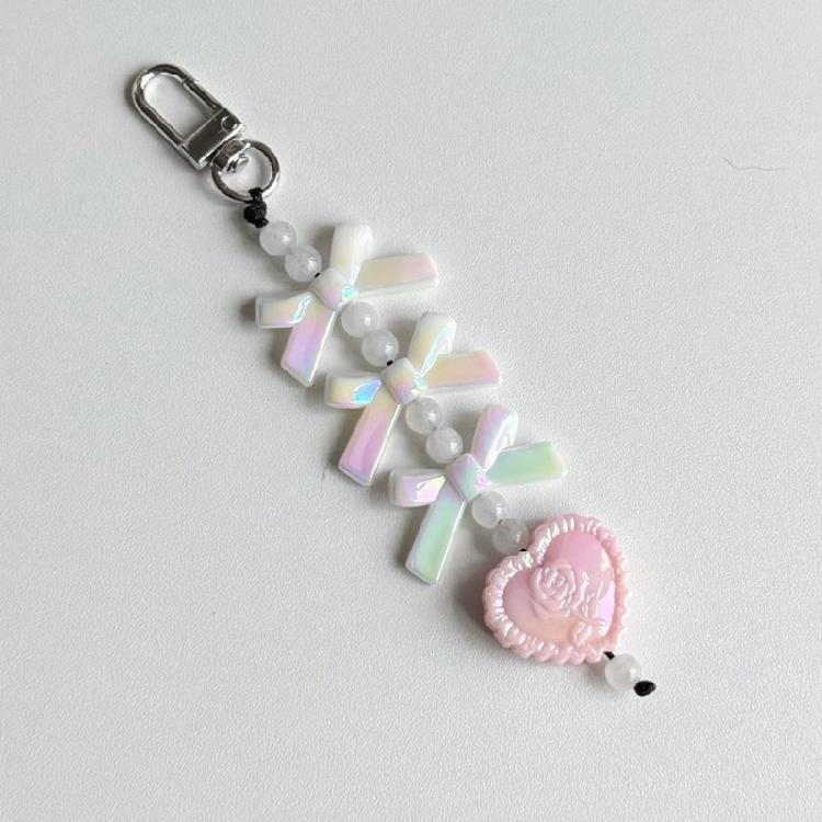 Elegant Bowknot and Heart Keychain with Pearls Stylish Bag Charm Accessories Handmade Car Key Ornament for Daily Use