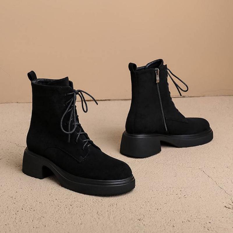 

Autumn and winter suede front lace-up thick-soled knight boots women s comfortable medium heel large size round head women s boots new square he 39