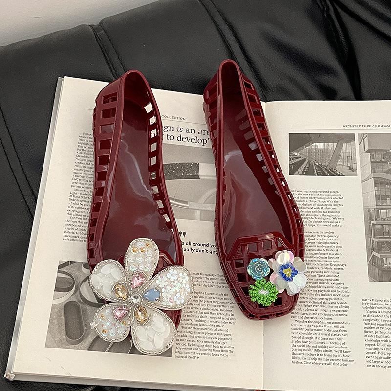 Fashion transparent crystal shoes new jelly shoes hollow single shoes women's 2025 summer casual sequins flower square head sandals
