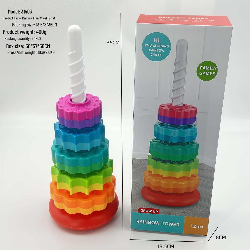 Yiying Cognitive Rainbow Rotating Tower Toy for Toddlers - Educational Geometric Stacking & Spinning Rings
