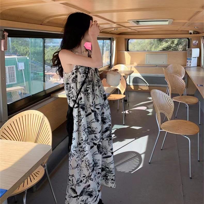 Holiday wind suspender floral dress coffee break French Thai long dress women's summer Sanya travel seaside wear