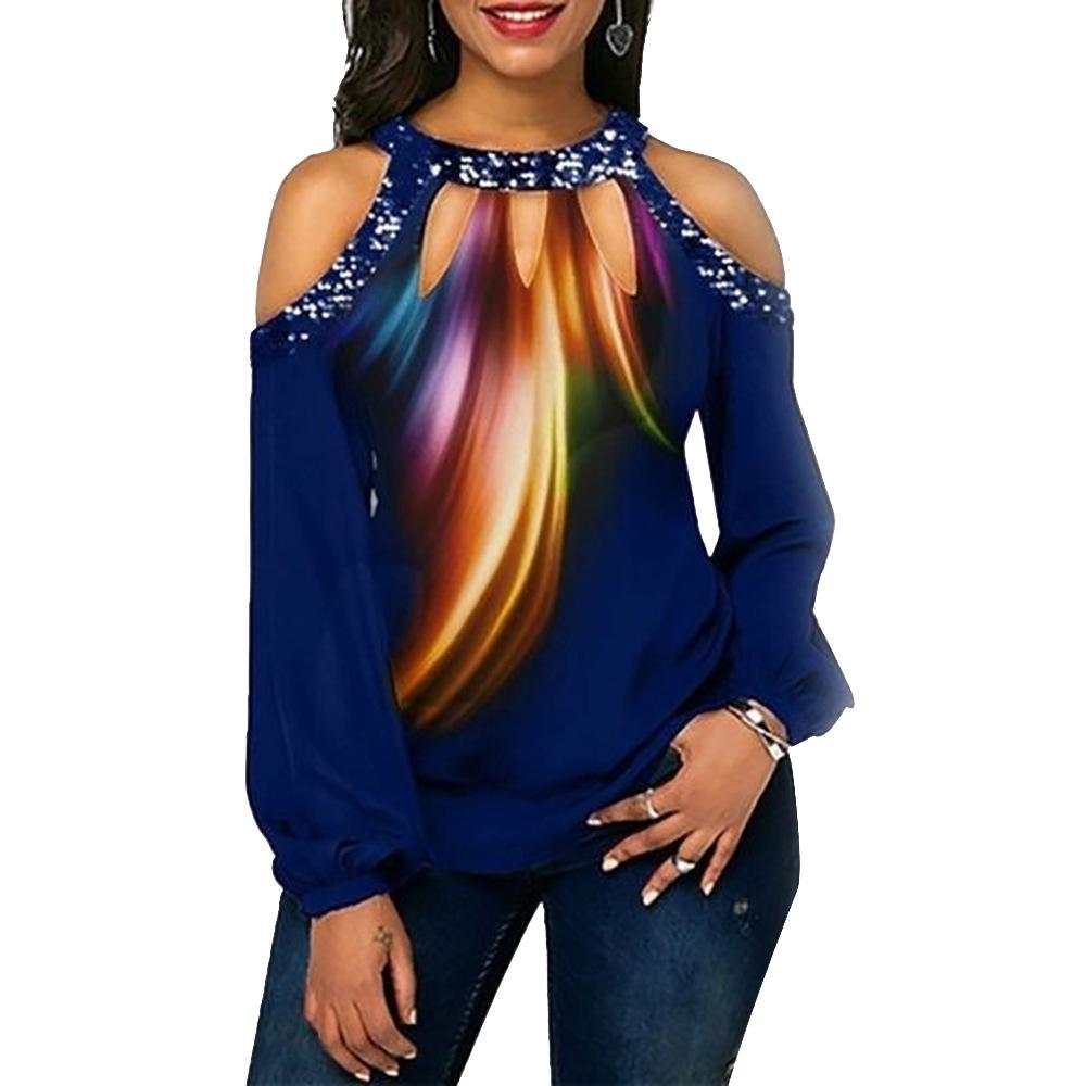 

IHUASU женский топ больших размеров с пайетками и принтом перьев, футболка с открытыми плечами и длинными рукавами, женская XXL синий