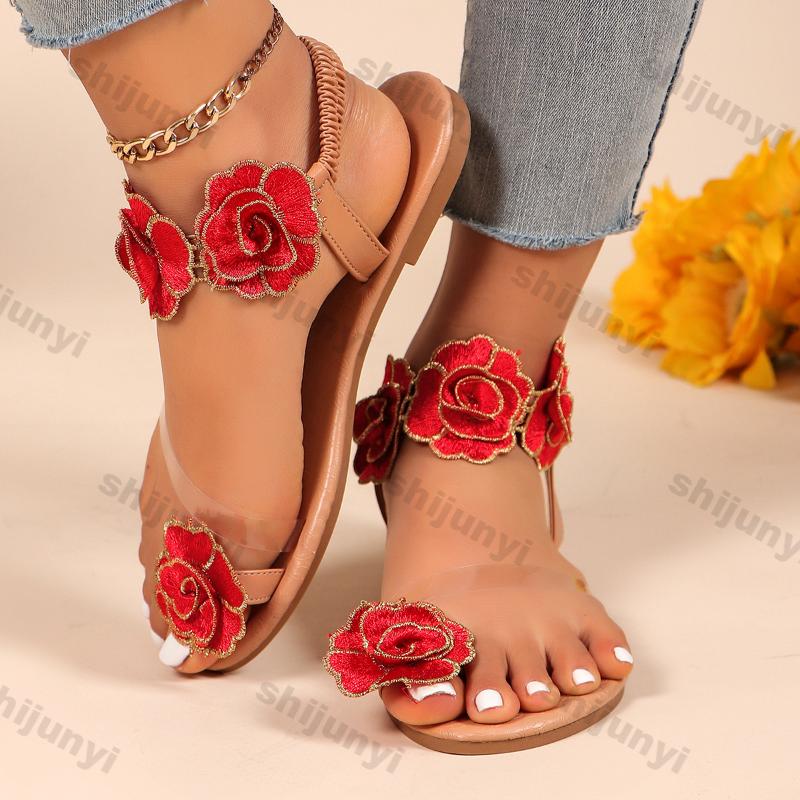 Fashion Women Flowers Roman Sandals 2025 Summer New Luxury Design Breathable Shoes Women Casual Fashion Bohemian Flats Beach Sandals