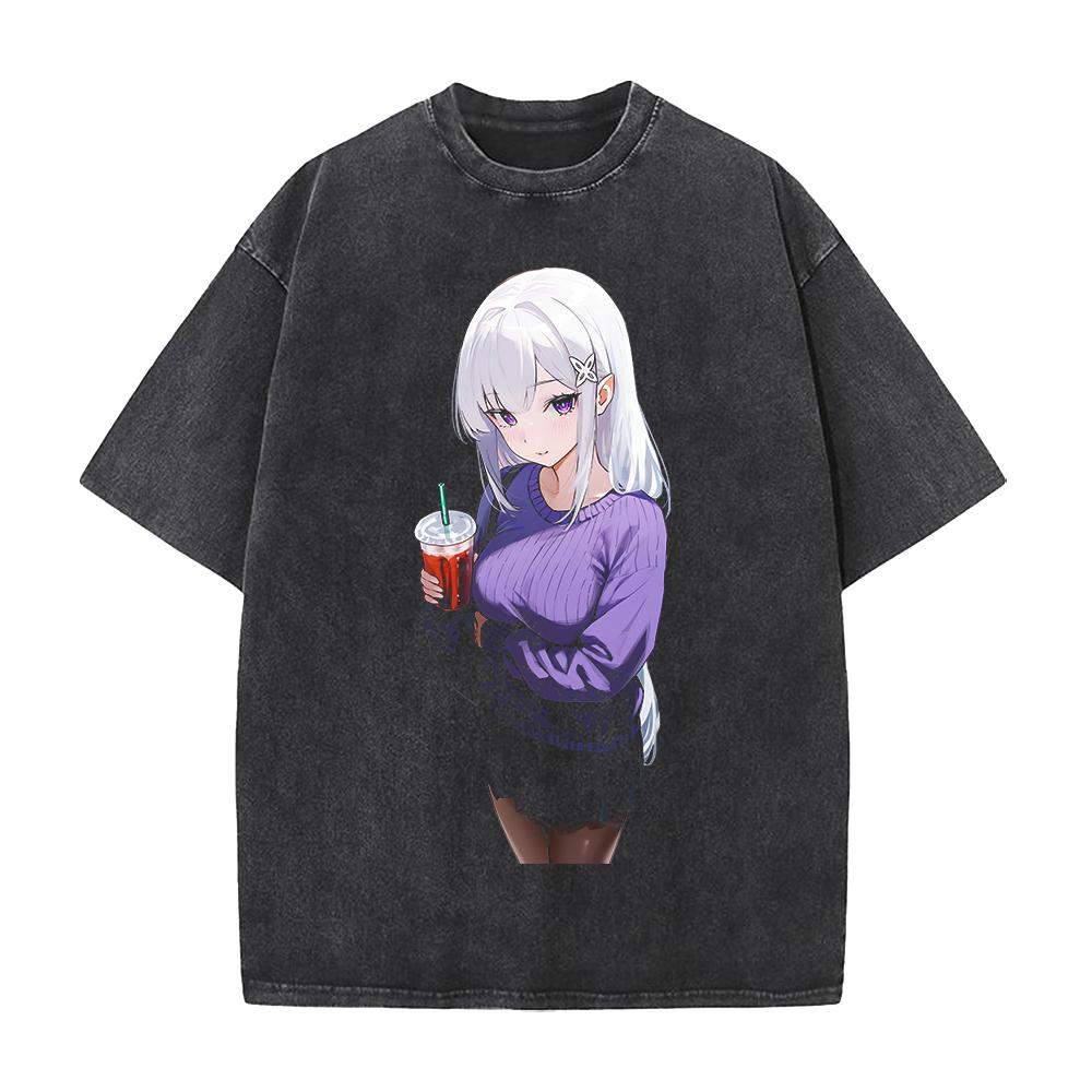 Anime Re ZERO Starting Life In Another World Emilia Clothing Men Women Tshirts Washed Cotton Tee Retro T-shirt Harajuku T Shirt