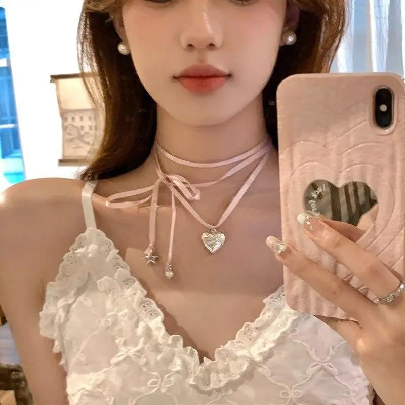 Lolita Pink Rope Tied Peach Heart Pendant Necklace for Women Fashion Retro Sweet Harajuku Necklaces Choker Charm Jewelry Gift