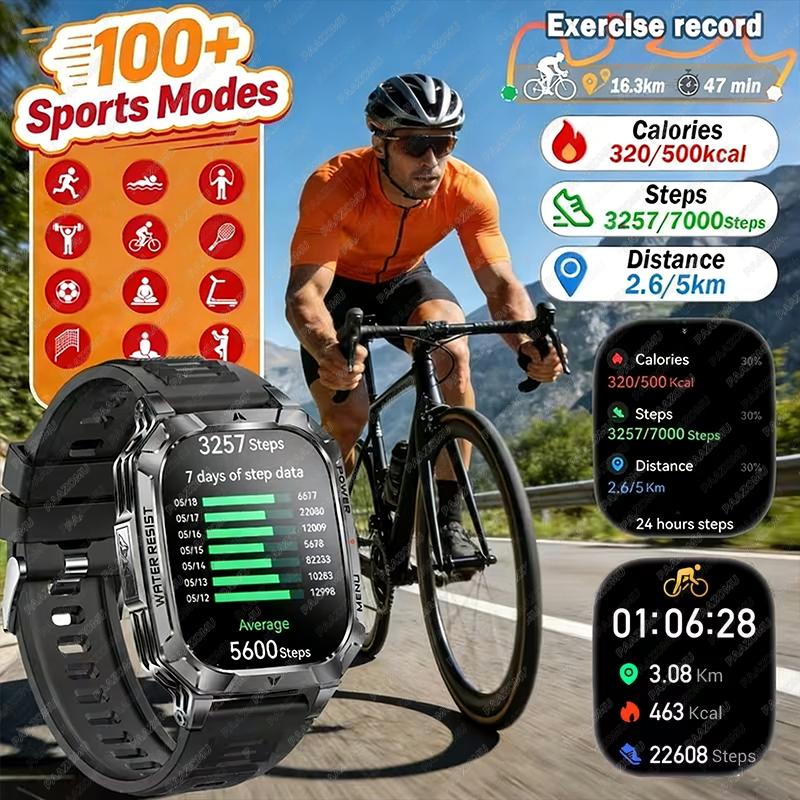 New Rugged Military Smart Watch Men 1400 mAh battery 2.01inch Bluetooth Call Health monitoring device LED flashlight Smart watch