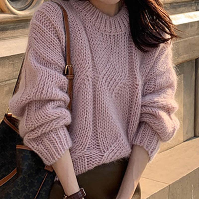 

GMXIA Женский свитер толстой вязки с круглым вырезом, большой переплетенный узор, осень и зима, новые однотонные топы, свитер-пуловер One size розовый