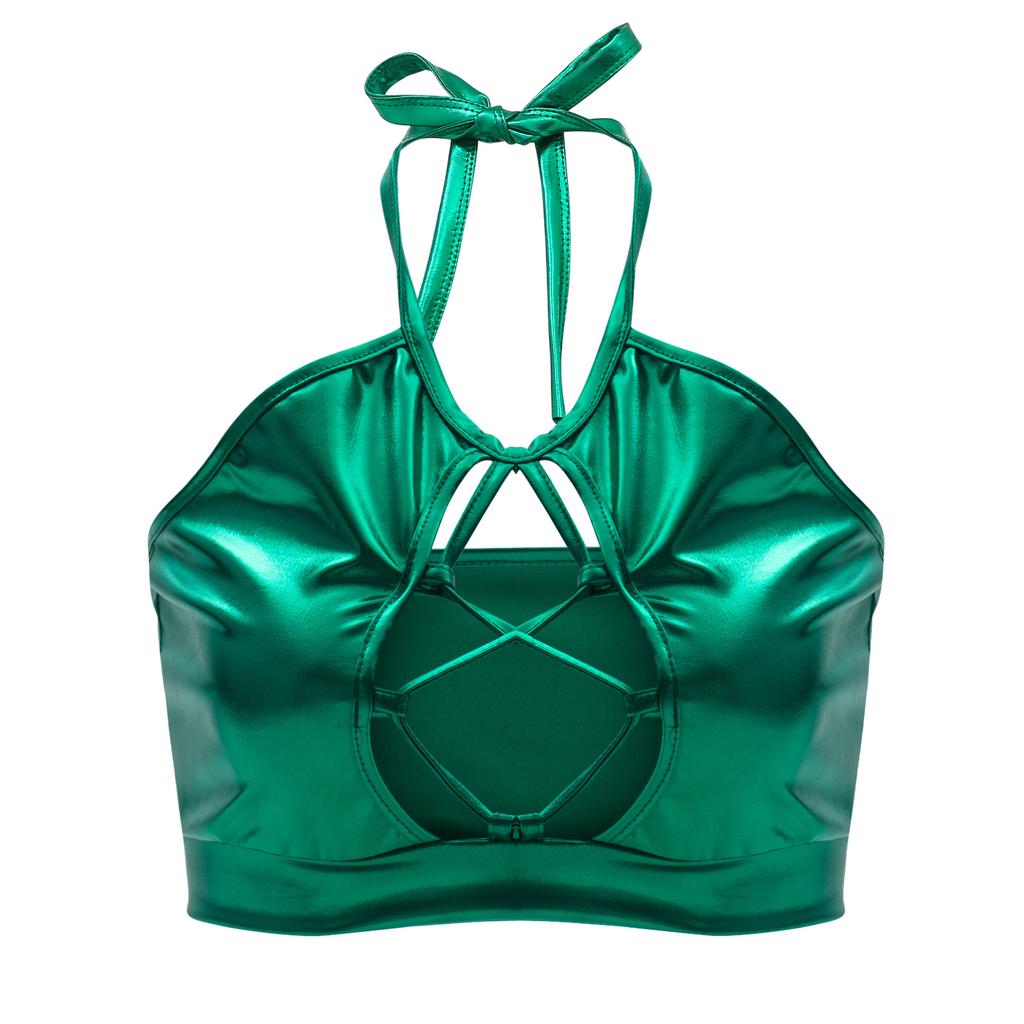 Women Shiny Metallic Halter Tank Top Sleeveless Spaghetti Strap Camisole Vest Bra Crop Tube Top for Party Club