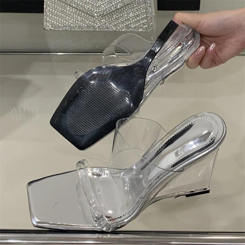 Eilyken New Design Crystal Wedges High Heels Women Slippers Fashion PVC Transparent Square Toe Banquet Slide Shoes