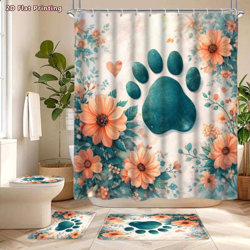 4Pcs Floral Paw Print Shower Curtain Set with Non-Slip Bath Mat, Toilet Lid Cover, Contour Rug & 12 Hooks, Bathroom Decor