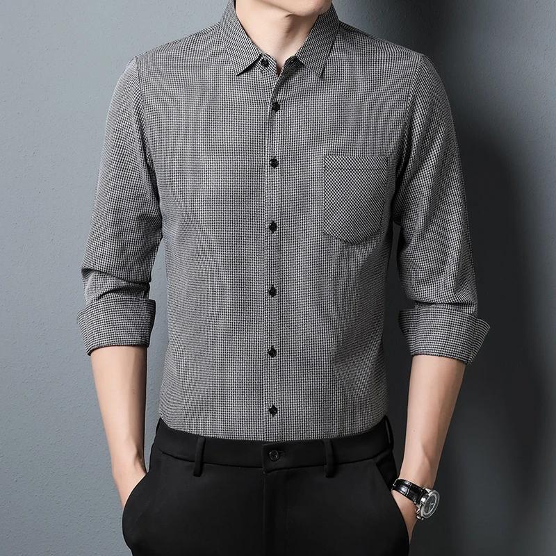New Men's Casual Small Plaid Long Sleeved Lapel Shirt for Spring and Autumn Fashion Comfortable Wrinkle Free Top Without Ironing