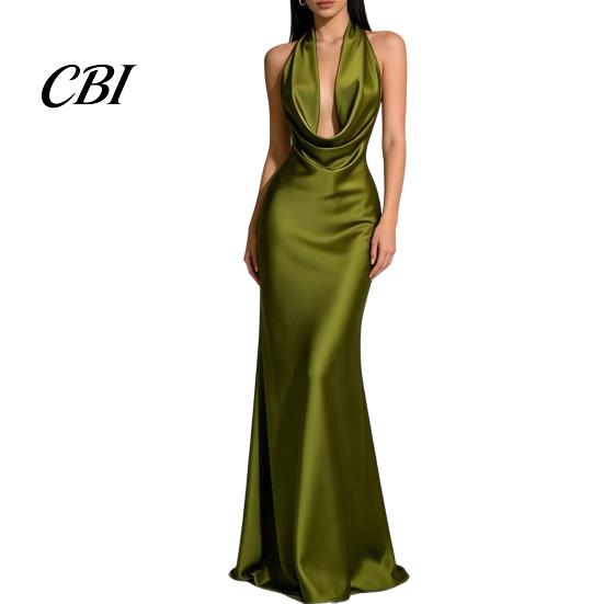 Alltagskleid Damen Sexy Rückenfreies Maxikleid, Tiefes V-Ausschnitt Ärmellos Bequemes Neckholder Satin Lang Formelles Abendparty Meerjungfrauen-Kleid Einfarbig