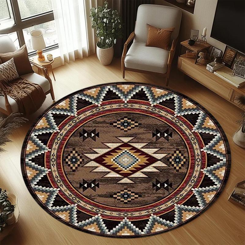 

Tribal Geometric Round Area Rug Non-Slip Washable Floor Mat with Southwestern Print in Red Brown Maroon for Bohemian Home 80cm x 80cm