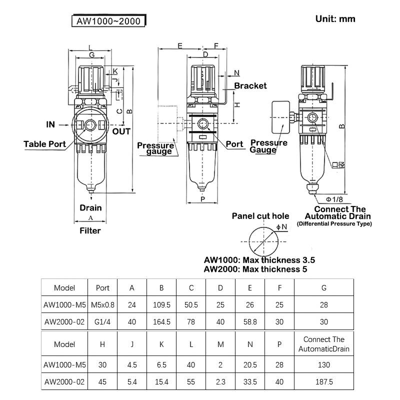 AW2000-02 AW3000-03 AW4000-04 Compressor Air Filter Controller Oil Seperator Filters Pneumatic Air Pressure Regulator