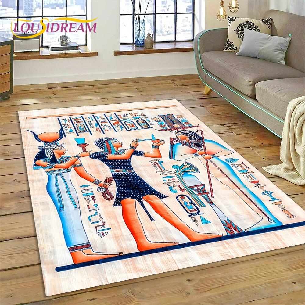 Tapis HD Hiéroglyphes Pharaoniques Mythologie Égyptienne 3D pour Salon Chambre Décoration de Maison, Décoration Antidérapante pour Canapé Paillasson