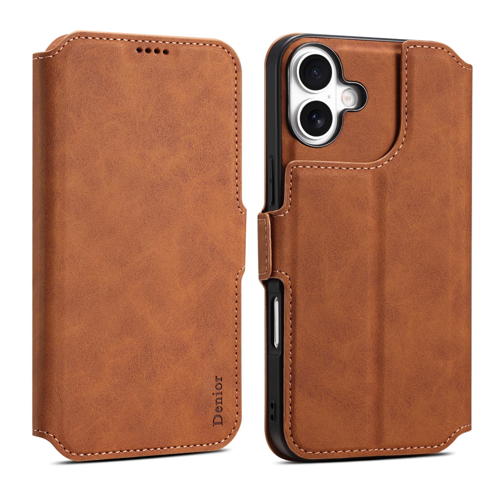 

DENIOR B06 Чехол для iPhone 16 Plus Магнитный Съемный Кошелек Подставка Кожа+ТПУ Чехол для Телефона Brown