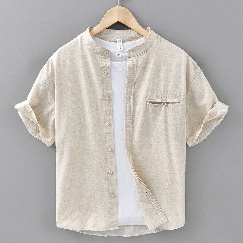 Summer Chinese Style Retro Stand Collar Linen Shirts Men's Loose Casual New Chinese Cotton Linen Short sleeve Shirt Thin