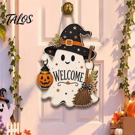 Halloween Party Decor Wooden Ghost Welcome Sign for Front Door, Rustic Cartoon Hanging Pumpkin Supplies Plaque with Wizard Hat And Broom Holiday Wall