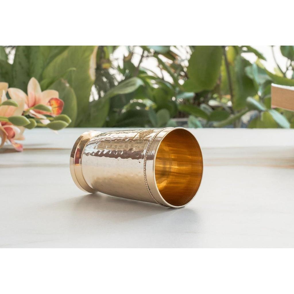 Pure Brass Glass Tumbler with Hammered Beeded Design, for Drinking Serving Water, Yoga & Ayurveda, Volume-270 ML, 1 Piece