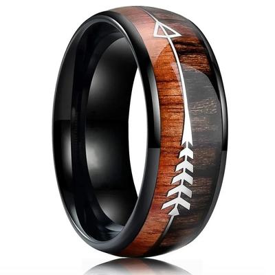 Anillo de Acero Inoxidable Negro de Moda de 8 mm para Hombre con Incrustaciones de Concha de Abulón y Madera de Koa Anillos de Flecha para Hombre Joyería de Banda de Boda Envío Directo
