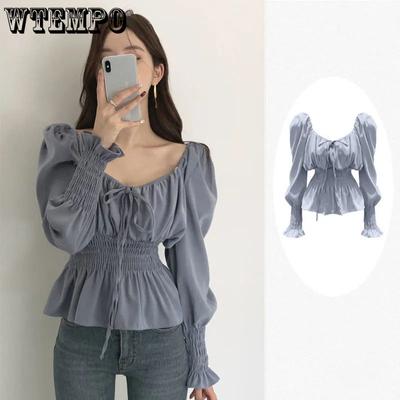 Vintage Square Collar Puff Sleeve Women Blouse Chiffon Shirt Pleat Design Ruffle Edge Slim Long Sleeve Top Office Lady Casual