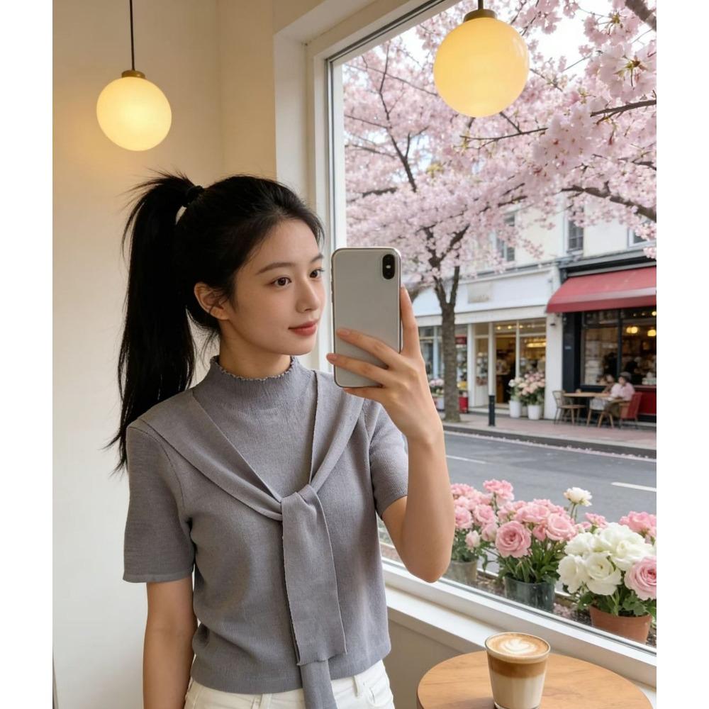 Half-collared Shawl-style Double Short-sleeved T-shirt for Women In Early Spring. New Style, Slim-fitting, Suitable for All Occasions.