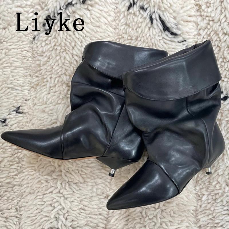Modne Liyke Vintage Szpiczaste Skórzane Botki Plisowane Dla Kobiety Dziwne Niskie Cienkie Obcasy Buty Botki Do Kostki Kobiety Zapatos De Mujer