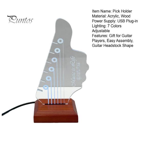Light-up Guitar Pick Holder Acrylic Pick Holder with Wooden Base Electric Guitar Headstock Shape Pick Holder for Multiple Picks Storage And Display