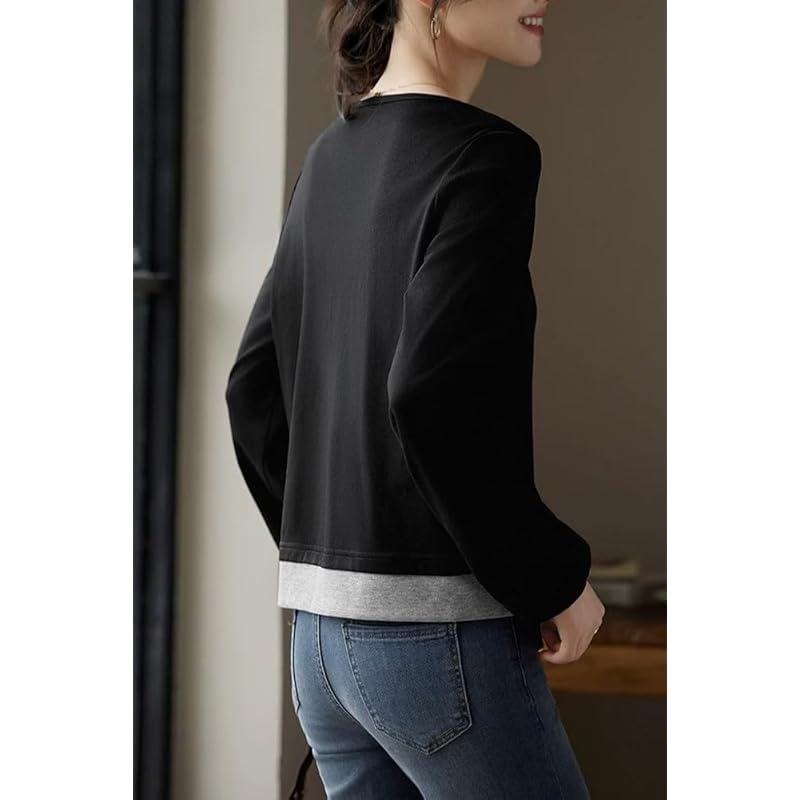[Sayla] tops long sleeve ladies blouse crew neck T-shirt Plain color trainer switching fake layered pullover Dress slimmer jacket autumn winter spring
