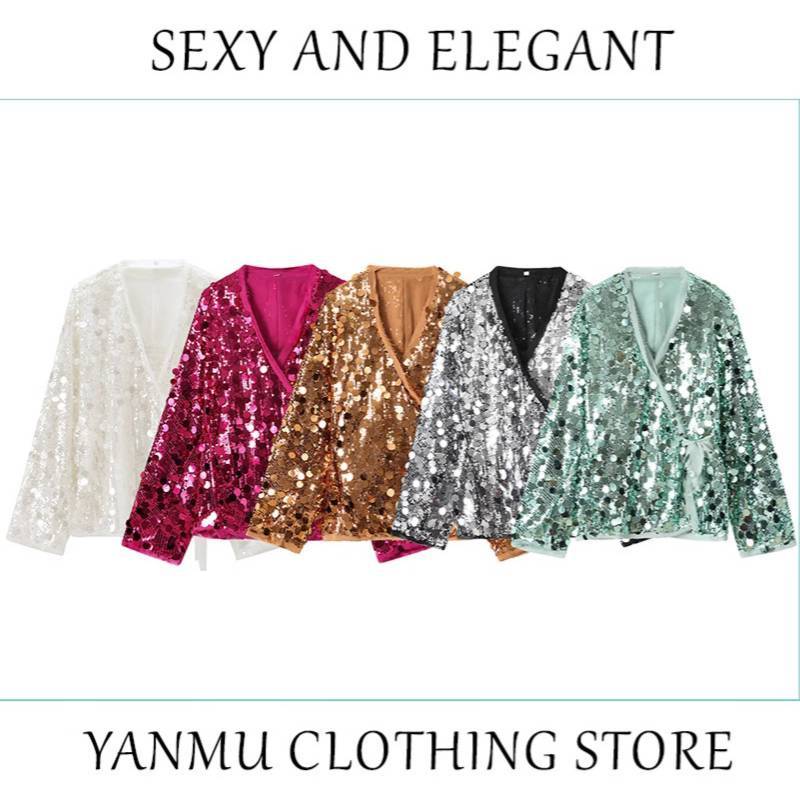 Elegant Polyester Long Sleeve V Neck Blouse With Sequins For Office Women
