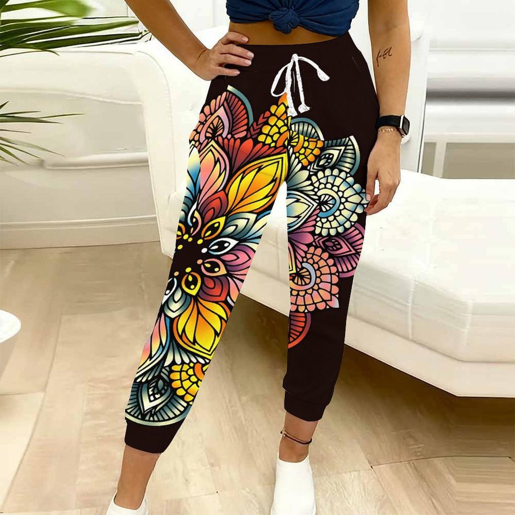 Summer Ladies Abstract Print Sweatpants Loose Fit Drawstring Joggers Elastic Cuff Daily Casual Pants