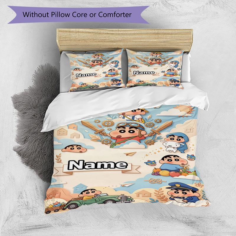 3pcs Duvet Cover Set (1*Duvet Cover + 2*Pillowcase, Without Core), Custom Name Crayon Shin chanPattern Bedding Set, Home Bedroom Decor Gift