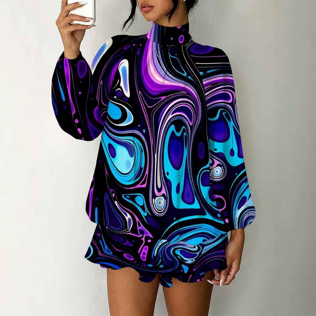 Women's 3D Neon Swirl Marbling Print Mock Neck Long Sleeve Dress, Raglan Sleeve Fake Two Piece Mini Dress