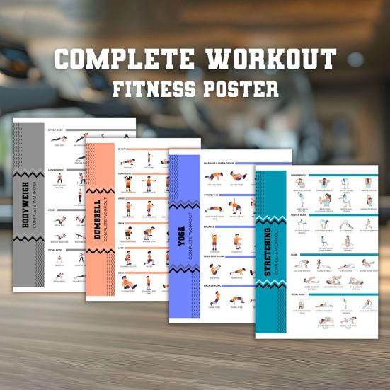 4Pcs Yoga Dumbbell Workout Poster Set Full Body Strength Stretching