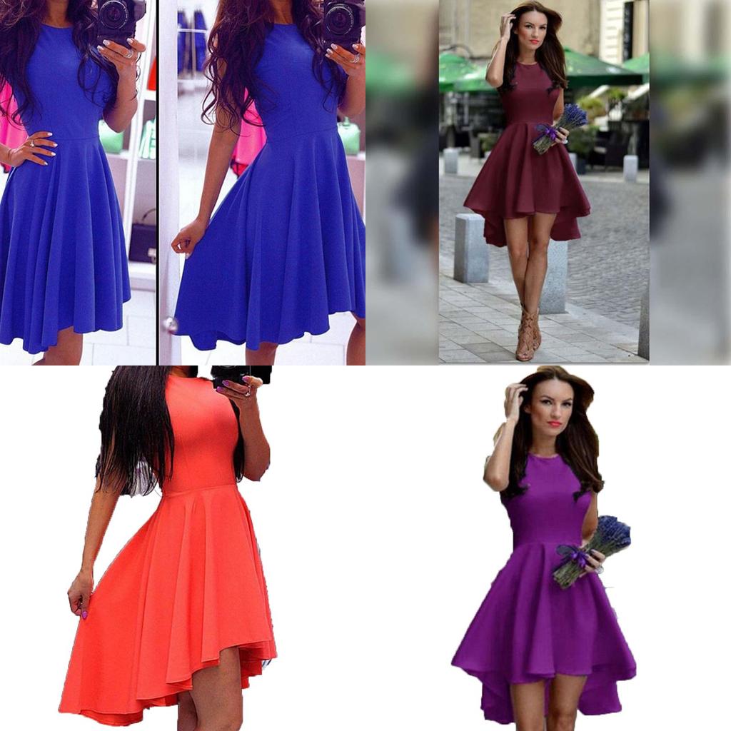 Fashion Women Sleeveless Asymmetric Hem Casual Sundress In Elegant Pure Color