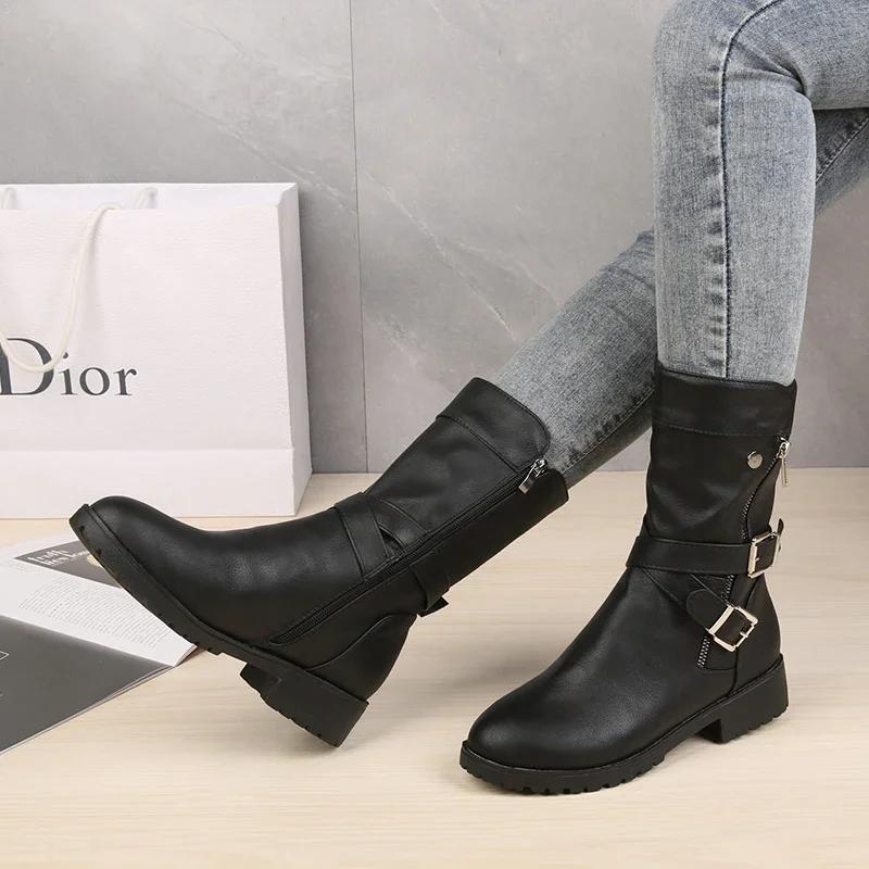 Wadenhohe Stiefel Übergröße 43 Damen Schnalle Goth Stiefel Damen Niedriger Blockabsatz Reißverschluss Leder Flache Schuhe Rot Schwarz Grau Stiefel