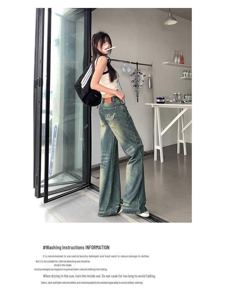 American Retro Low-Waist Wide-Leg Distressed Denim Pants - Floor-Length
