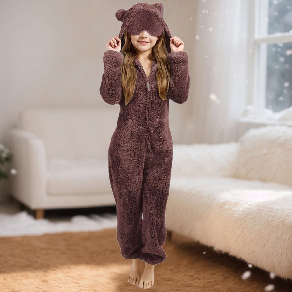Children's Fashion Solid Colour Autumn/Winter Plush Hooded Onesie Loungewear Pyjamas With Eye Mask