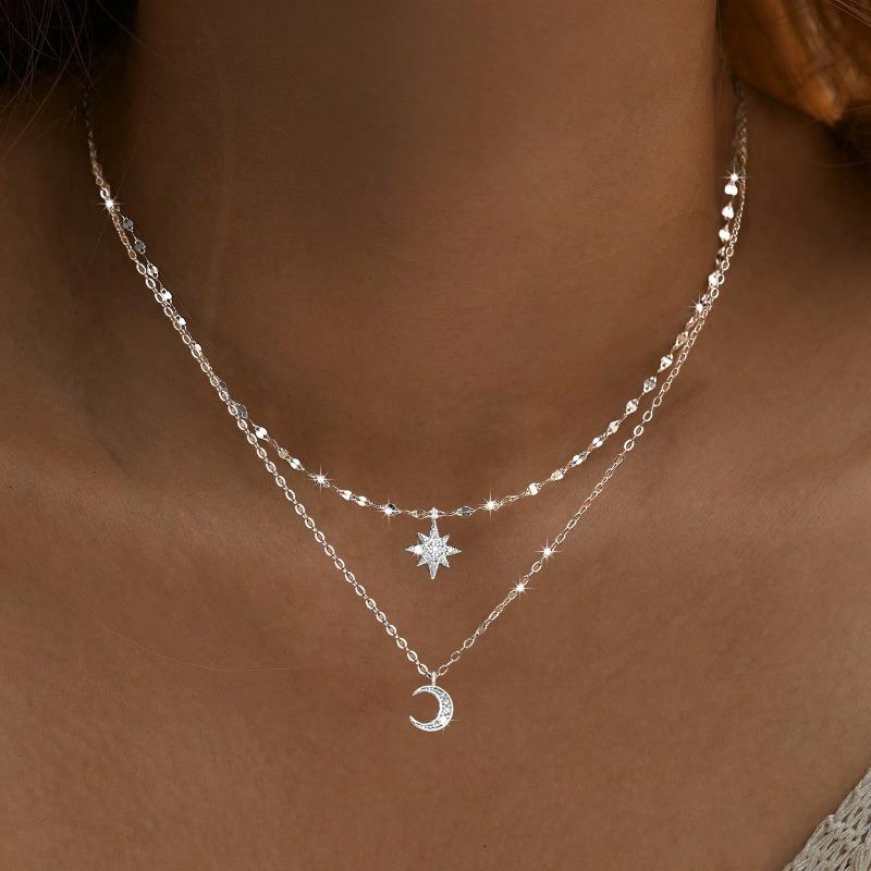 Necklace for Women Double Layer Zircon Star Moon Pendant Necklace DelicateChain Charm Elegant  Jewelry Gifts