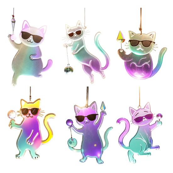 6 Pcs Cat Sun Catcher 2D Flat Acrylic Kitten Pendant Cats Wearing Sunglasses