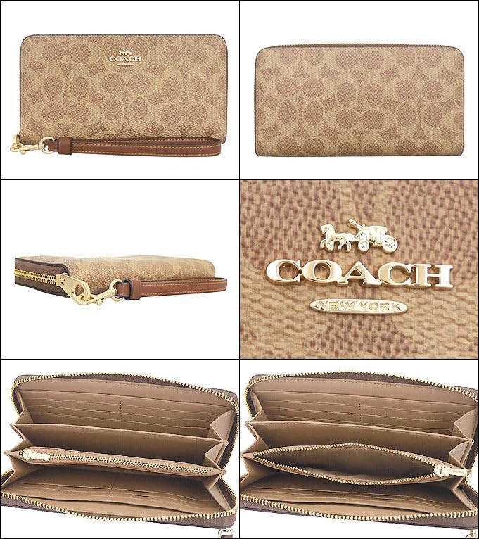 Coach Long Wallet (FCW778 CW778) in Tan and Brown Signature Coated Canvas and Recycled Leather. Long Zip-Around Wallet with Strap. Women's. [Outlet]