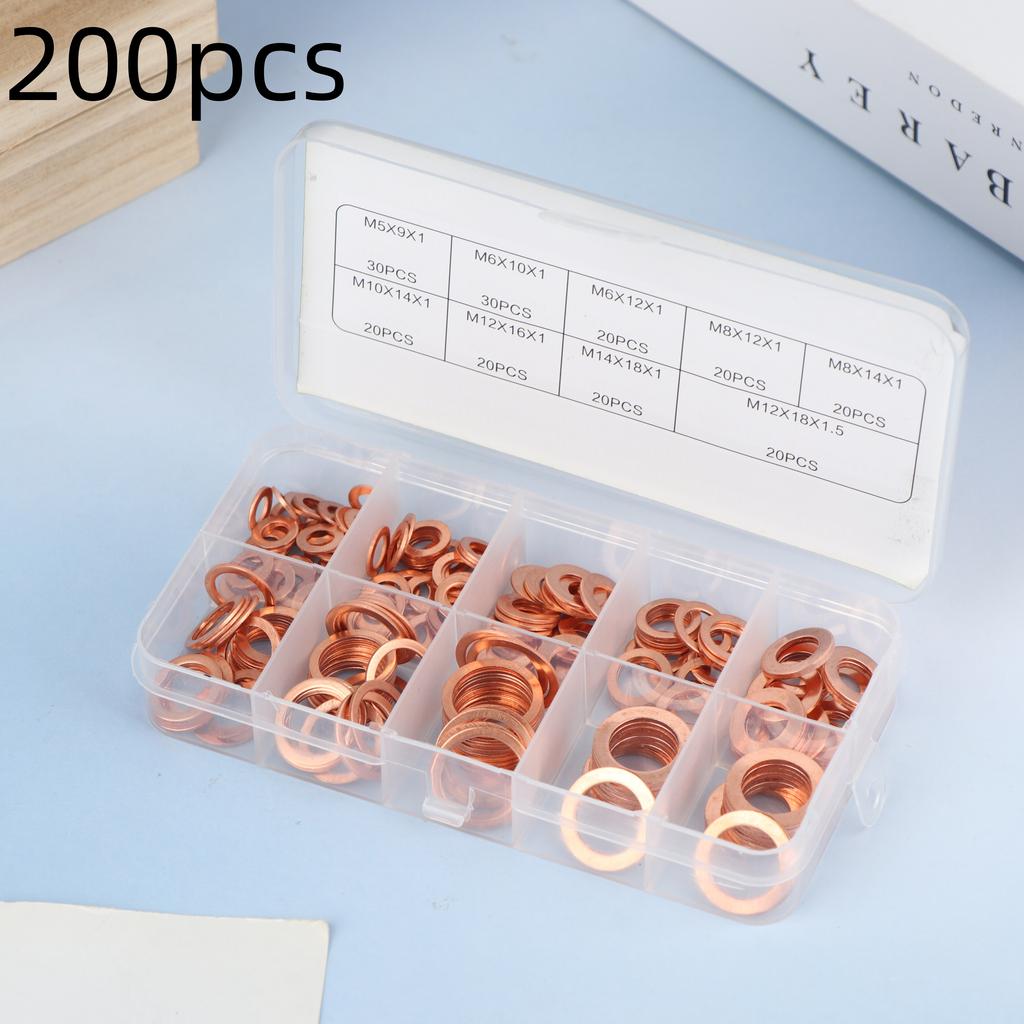 100/200 Stück Kupfer-Unterlegscheiben, Muttern und Schrauben mit Box M4/M5/M6/M8/M10/M12/M14 Dichtungs-Kombinationssatz für Ölablassschrauben
