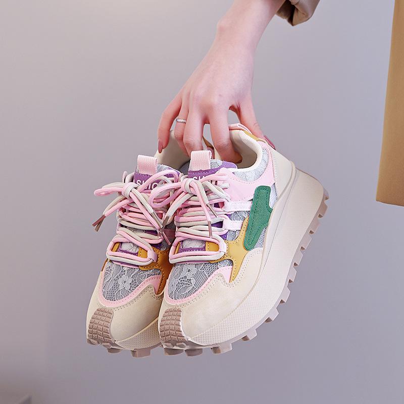 

Весенние женские красочные кроссовки Harajuku Chunky 2025 года — повседневная модная обувь с цветными блоками, визуально увеличивающая рост 35 розовый