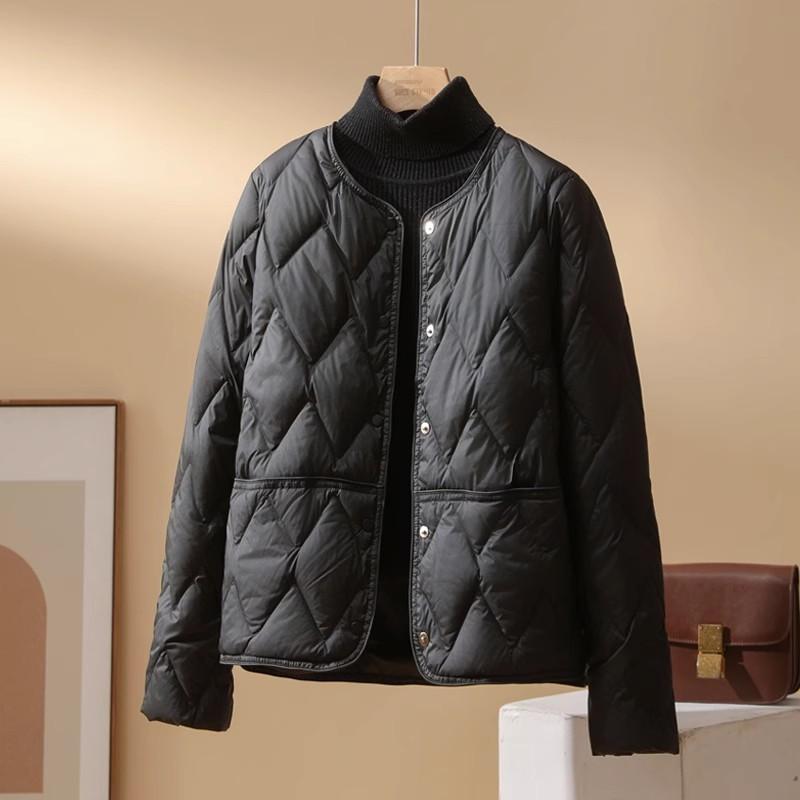 White Duck Down Light Down Jacket Women's Short Winter Fashion Rhombus Warm Casual Round Neck Jacket Pinghu