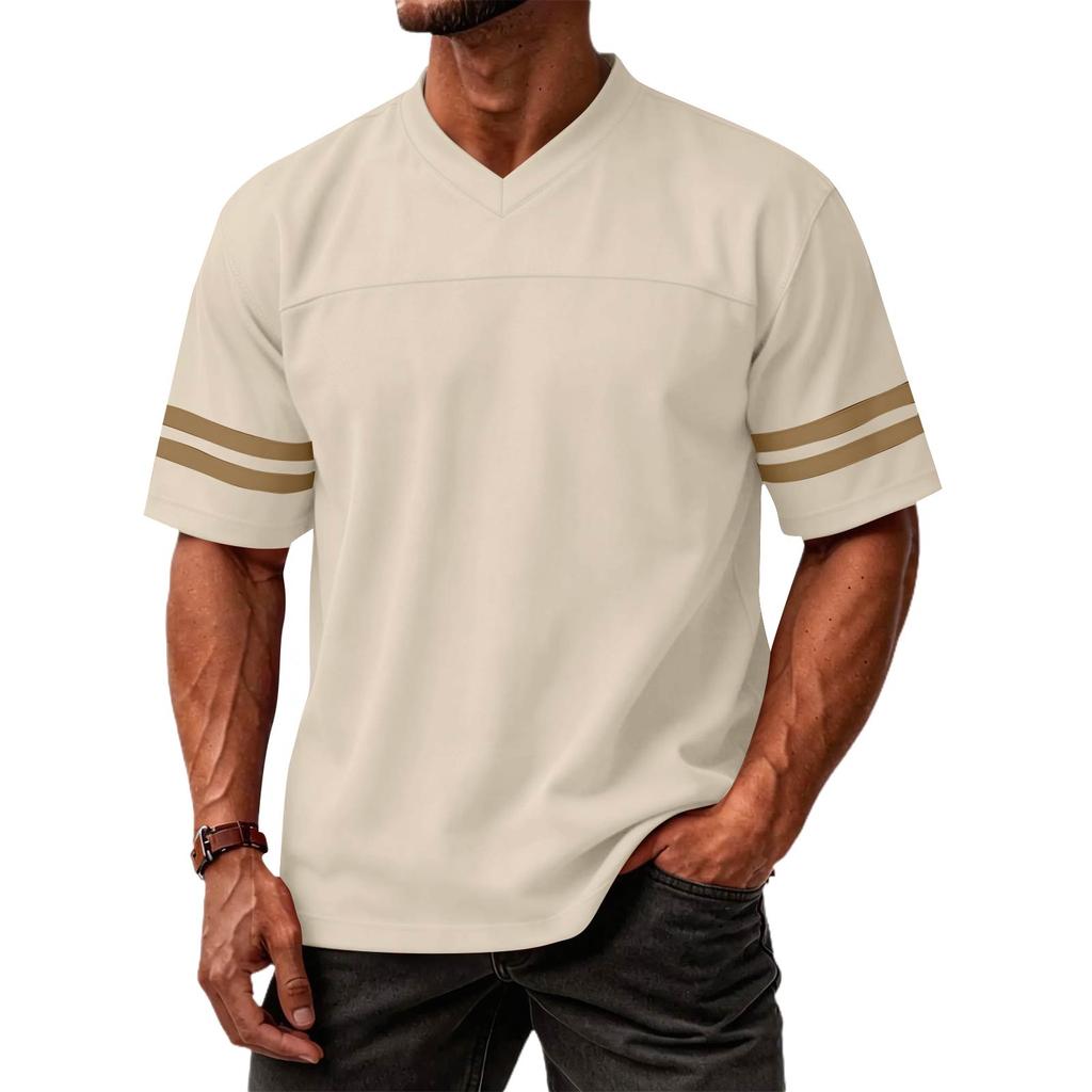 Pánský ležérní klasický top s bloky barev, výstřihem do V, lehký, prodyšný, s krátkým rukávem