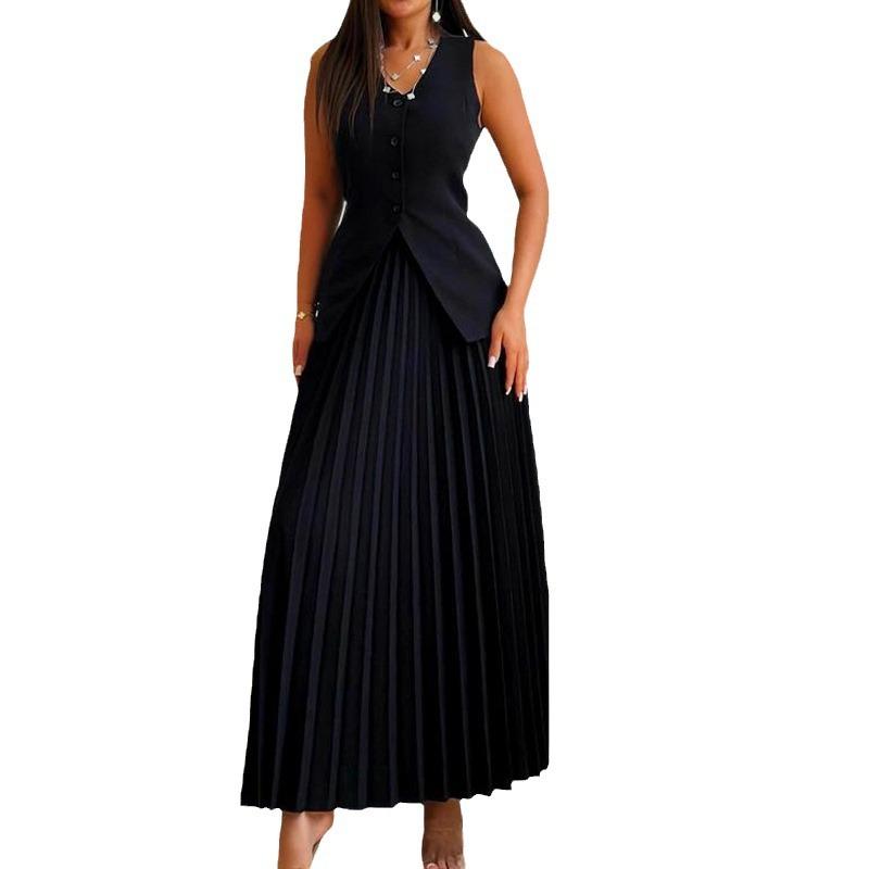 Spot 2024 European and American Suit Women's Vest Pleated Skirt Summer Solid Color High-end Elegant Women's Clothing Two-piece Set