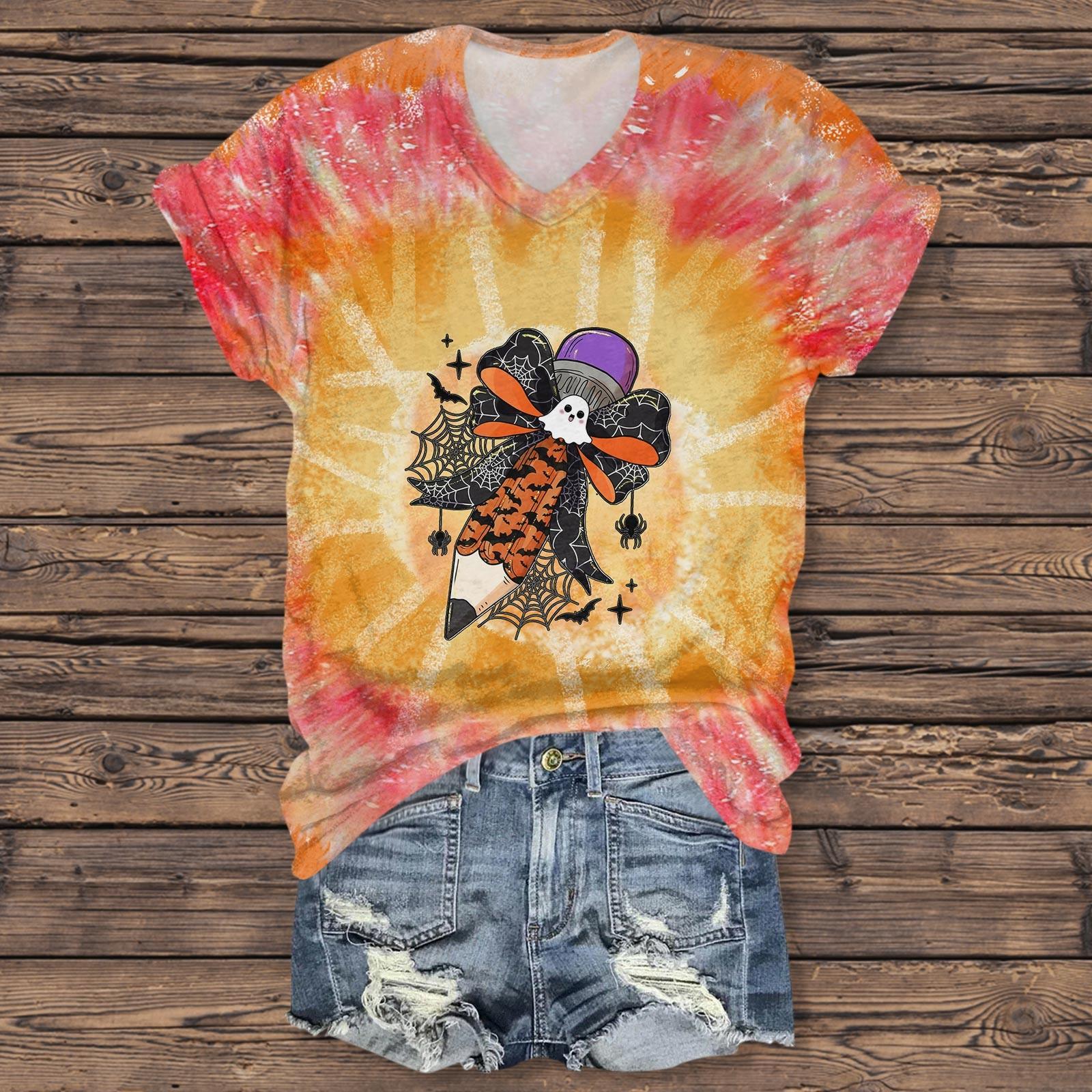 Женская повседневная футболка с короткими рукавами и V-образным вырезом на тему Хэллоуина — фото 3